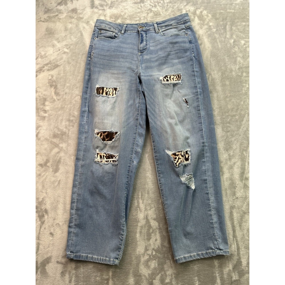 Inc Denim Womens  14/32 Blue Jeans Boyfriend Distress Whisker Boho Patch Stretch